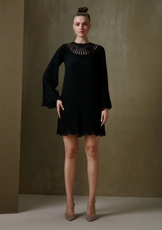 Black scallop flora shift dress