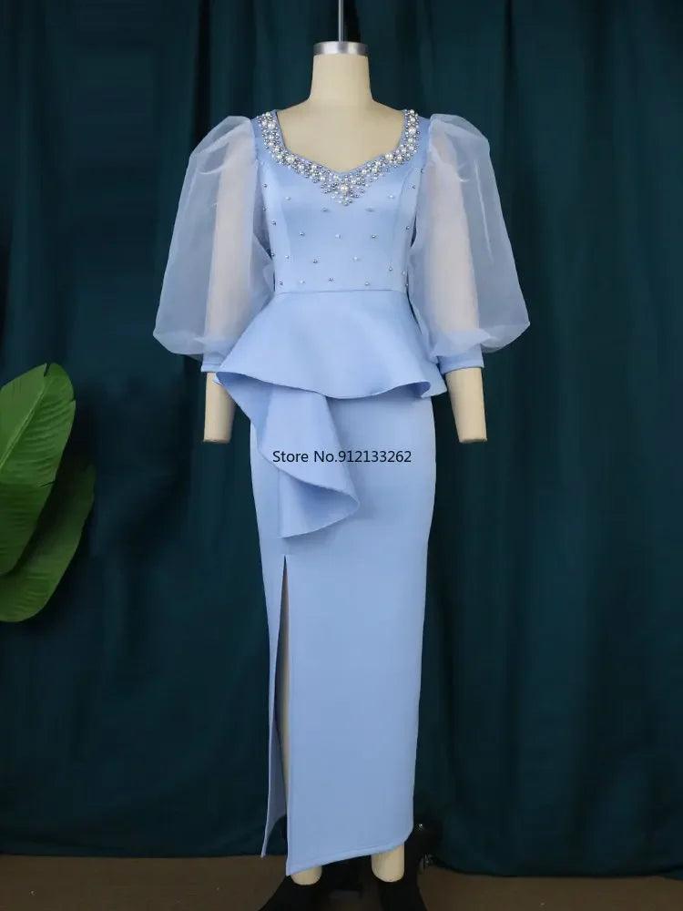 Blue Beaded Lantern Sleeve Peplum Dress: Elegant Nightwear