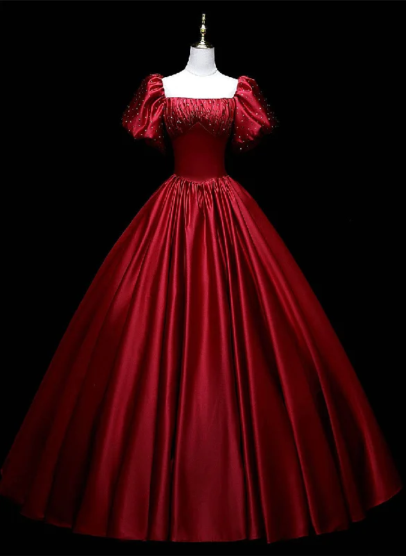 Wine Red Satin Beaded Ball Gown Sweet 16 Dress, Wine Red Evening Formal Dress