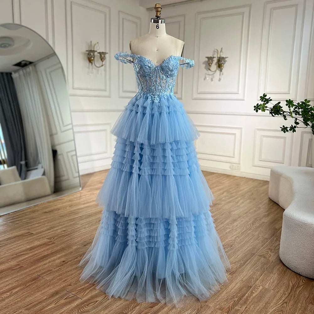Serene Hill 2024 Blue Spaghetti Strap Tiered A-Line Lace Appliques Lace-Up Luxury Prom Dress for Women's Party LA72621 Serene Hill 2024 Blue Spaghetti Strap Tiered A-Line Lace Appliques Lace-Up Luxury Prom Dress for Women's Party LA72621