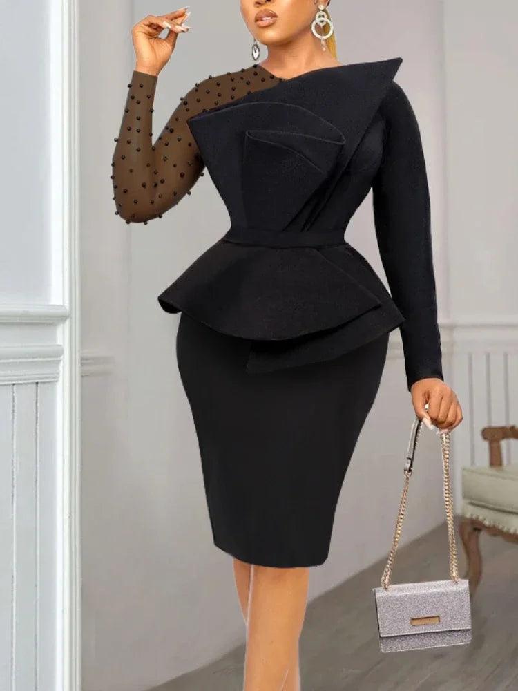 Elegant White Peplum Dress with Beaded Mesh for Holiday Parties & Events