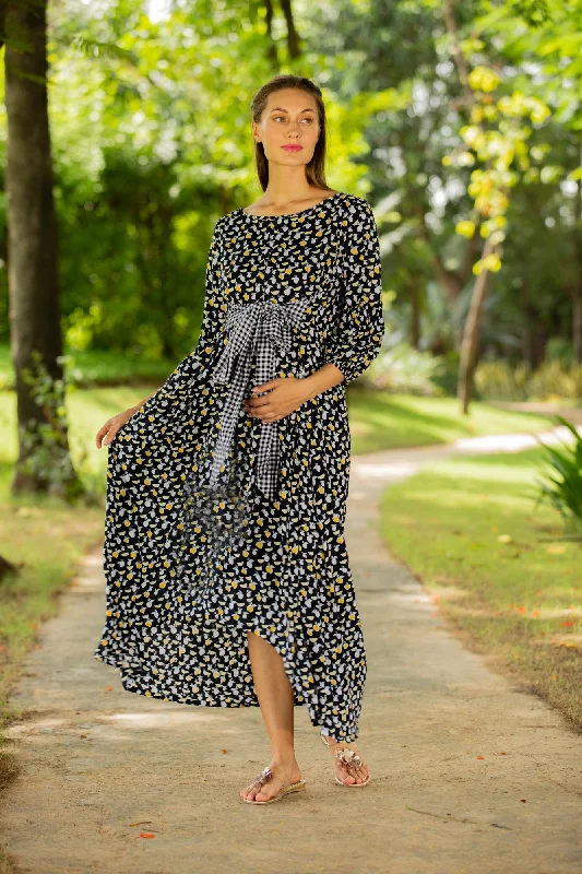 Black Floral Dual Bow High-Low Maternity & Nursing Dress