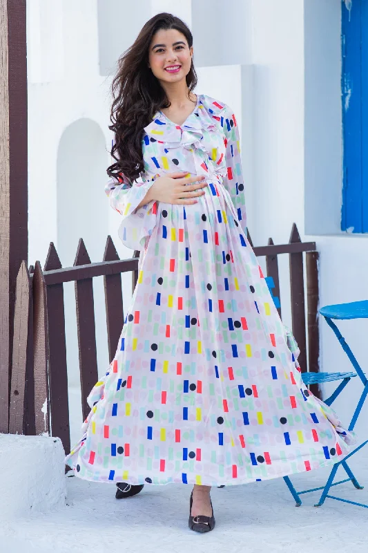 Unique Pristine White Satin Maternity Frill Dress