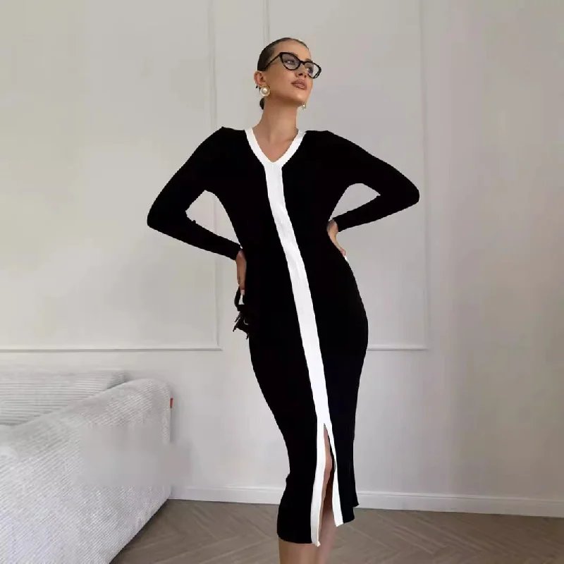 Black & White Knitted Slim Dress