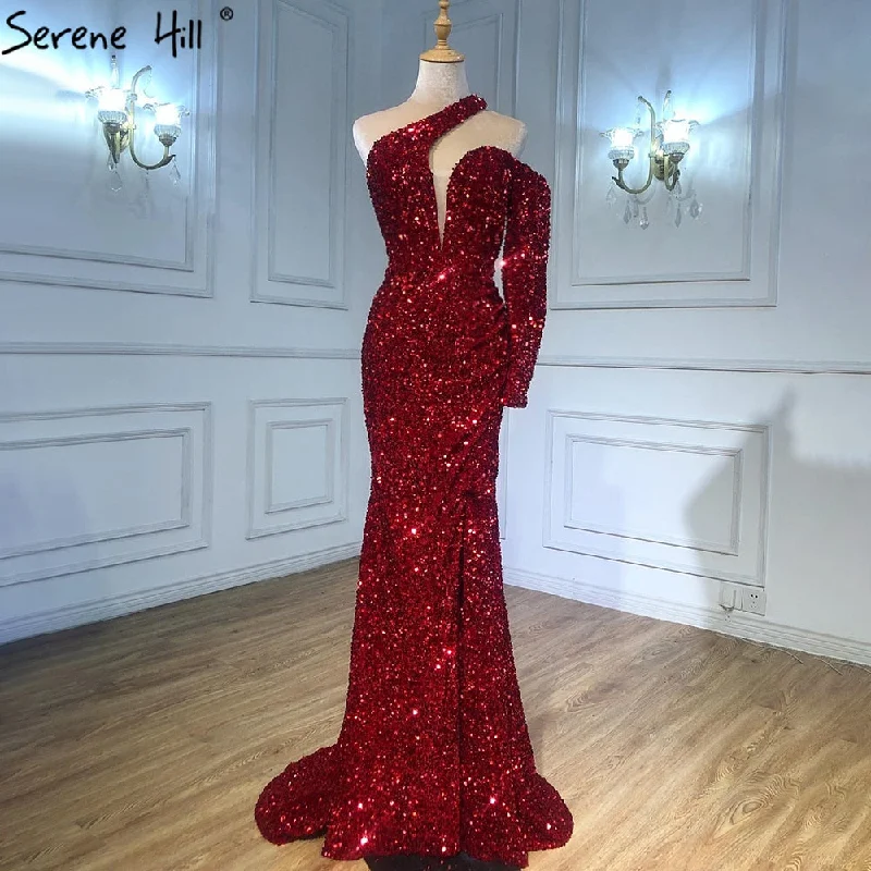 Serene Hill Wine Red Mermaid Sparkle Evening Dresses Gowns 2024 Luxury Elegant One Shoulder For Women Party LA71306