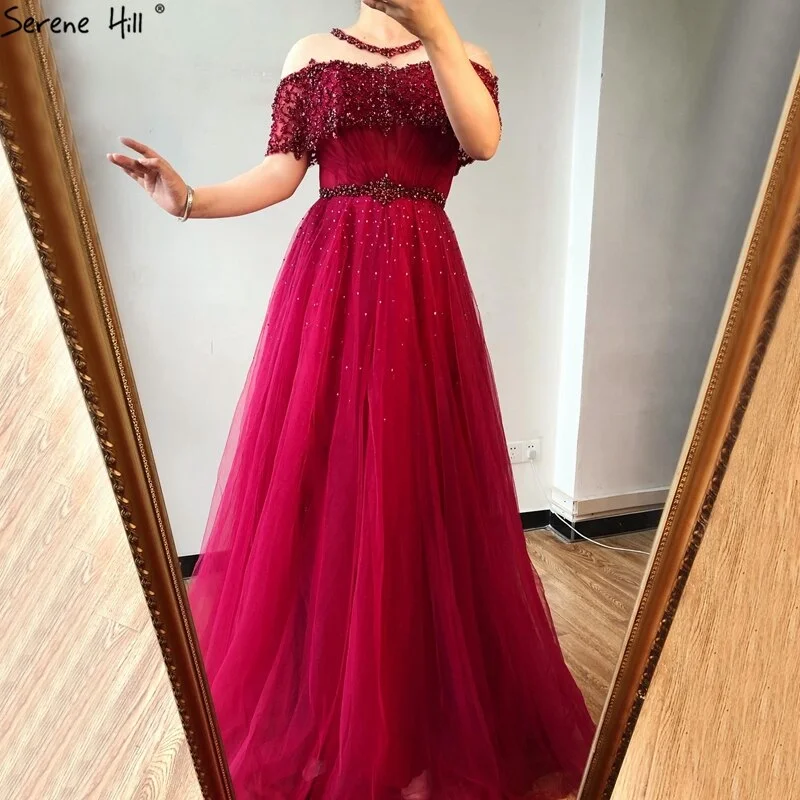Wine Red Short Sleeves Sexy Evening Dresses 2024 Dubai Diamond Sequins O-Neck A-Line Formal Dress LA70352 Wine Red Short Sleeves Sexy Evening Dresses 2024 Dubai Diamond Sequins O-Neck A-Line Formal Dress LA70352