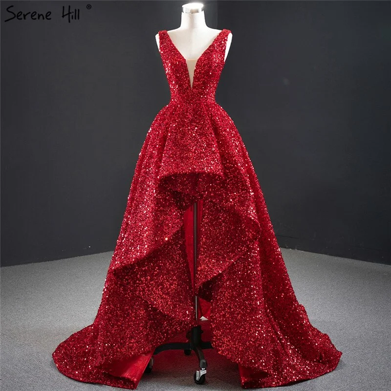 Dubai Red Deep-V Luxury Sexy Evening Dresses 2024 Sleeveless Sequins Asymmetrical Formal Dress Serene Hill HM67126 Dubai Red Deep-V Luxury Sexy Evening Dresses 2024 Sleeveless Sequins Asymmetrical Formal Dress Serene Hill HM67126