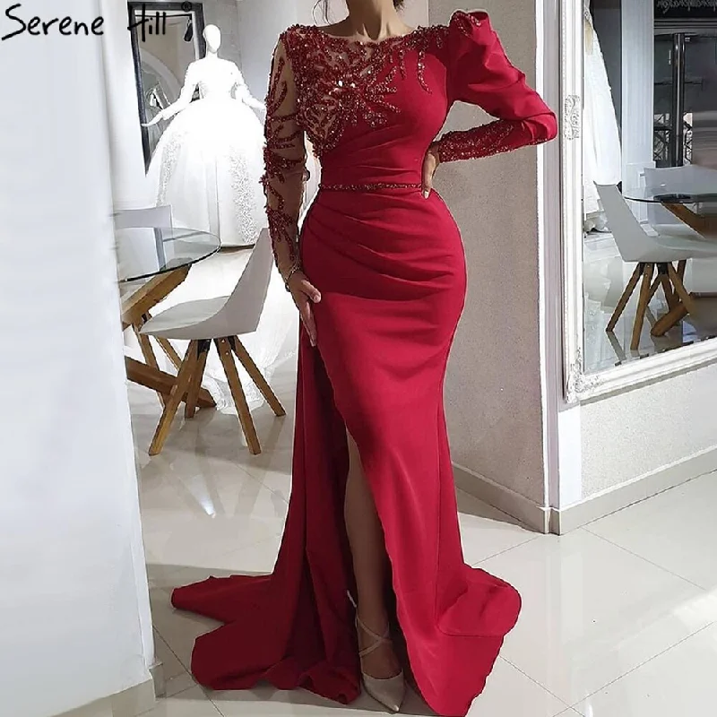 Serene Hill Red Mermaid Split Evening Dresses Gowns 2024 Satin Beading Elegant Sexy For Women Party LA70992