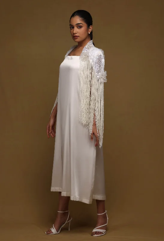 Ivory fringe cape and slip dress