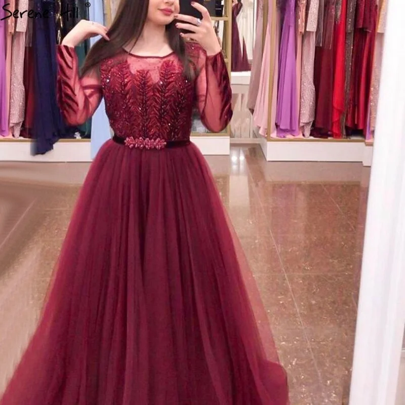 Wine Red A-Line Tulle Design Evening Dresses Long Sleeves Crystal Luxury Formal Dress Serene Hill 2024 LA70280 Wine Red A-Line Tulle Design Evening Dresses Long Sleeves Crystal Luxury Formal Dress Serene Hill 2024 LA70280