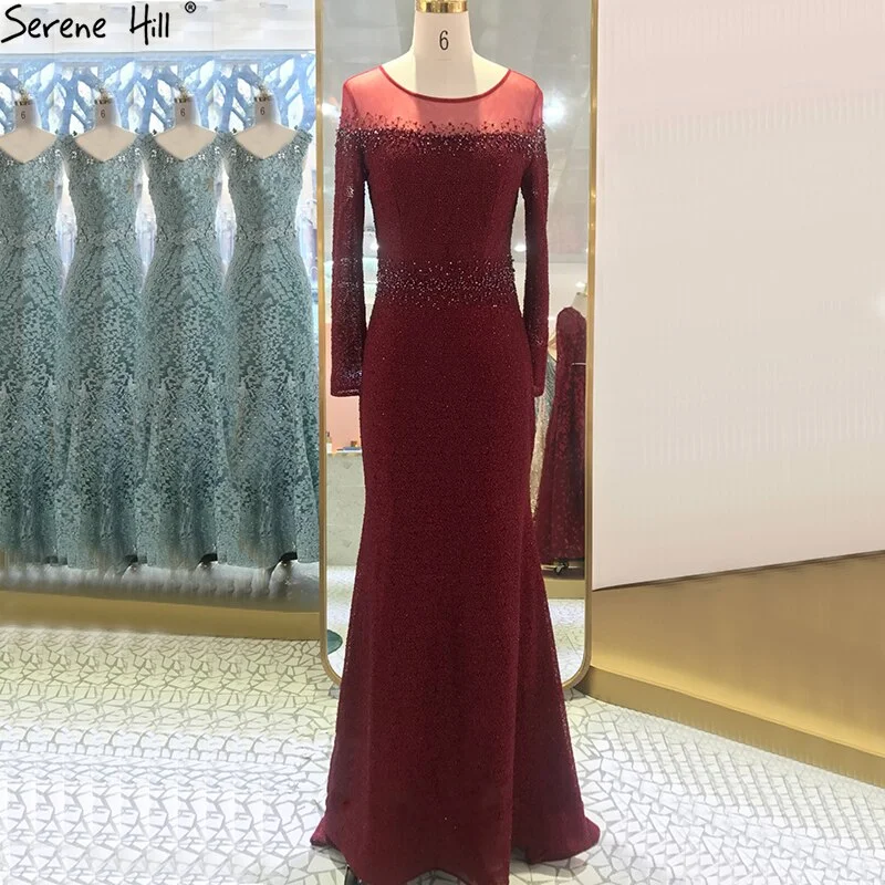 Serene Hill Mermaid Wine Red O-Neck Evening Gowns 2024 Lone Sleeves Beading Luxury Formal Dress Design LA70730 Serene Hill Mermaid Wine Red O-Neck Evening Gowns 2024 Lone Sleeves Beading Luxury Formal Dress Design LA70730