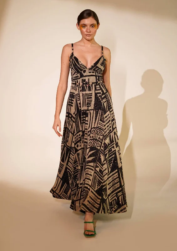 White black abstract printed long dress