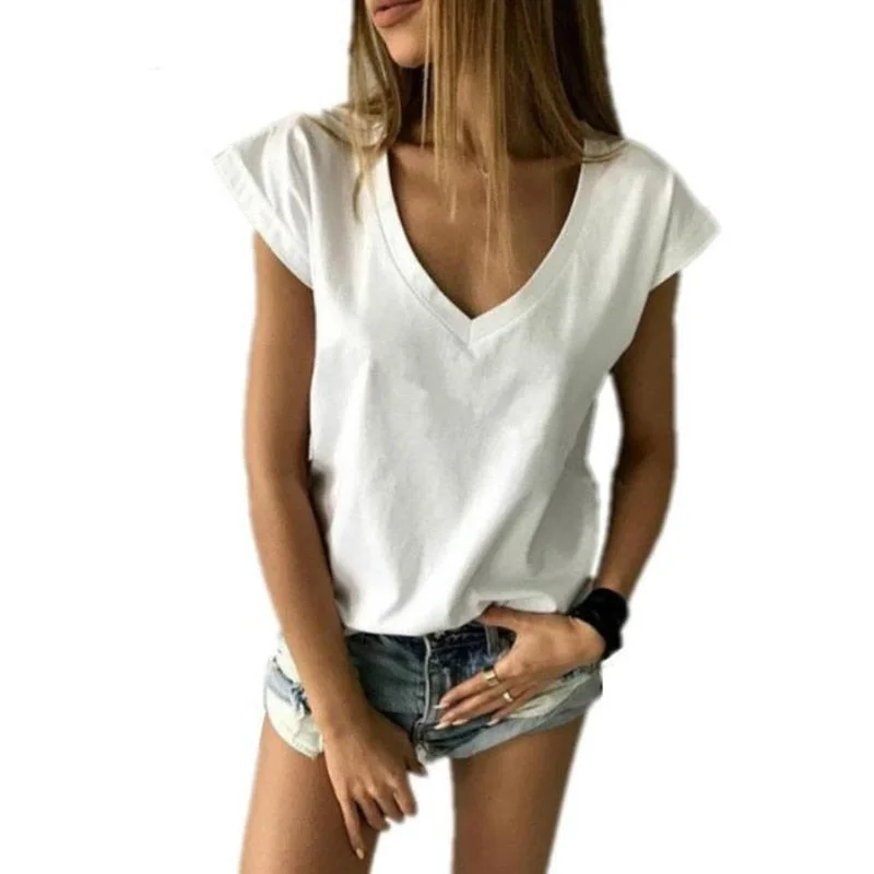 2018 Summer T Shirt Women Short Sleeve V Neck Loose Casual Sexy Women T Shirt Camisetas Feminina Lady Tops Elegant Button-Down Short Shirt