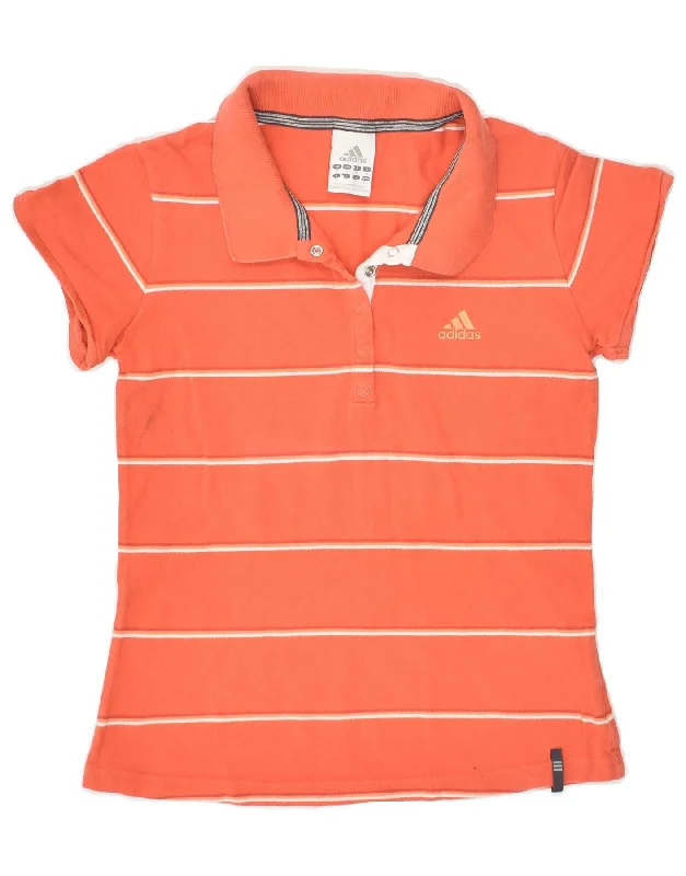 ADIDAS Womens Polo Shirt UK 10 Small Orange Striped Cotton Comfortable Peplum Short Shirt