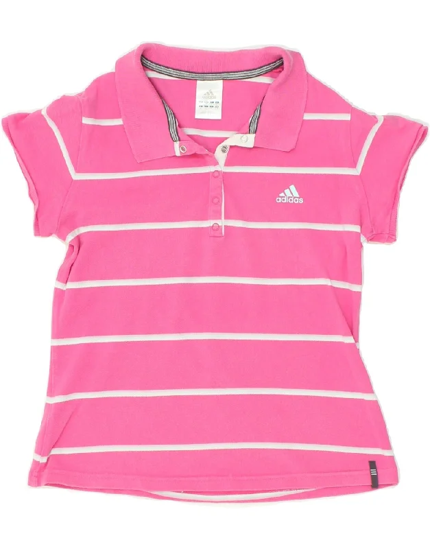 ADIDAS Womens Polo Shirt UK 14 Medium Pink Striped Cotton Relaxed Button-Down Short Shirt