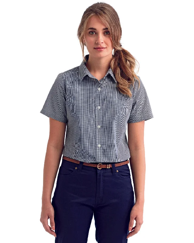 Artisan Collection by Reprime Ladies' Microcheck Gingham Short-Sleeve Cotton Shirt Elegant Draped Short Shirt