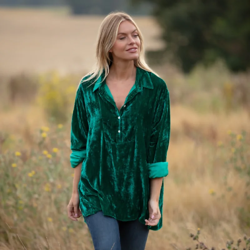 Ava Oversized Silk Velvet Shirt In Emerald Green Stylish Short Sleeve Top