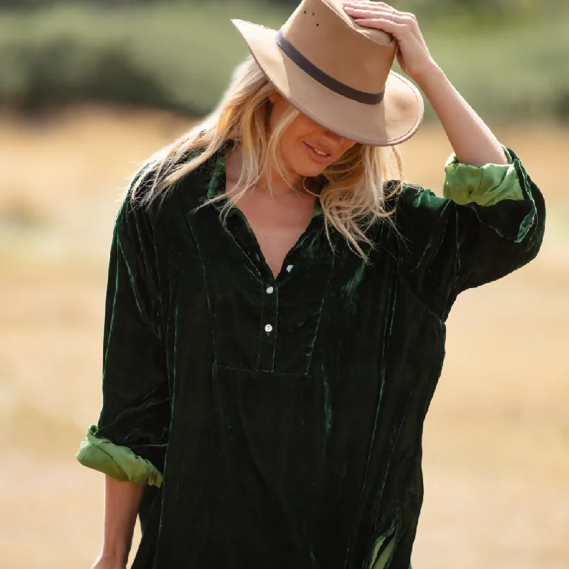 Ava Oversized Silk Velvet Shirt In Forest Green Elegant Draped Short Sleeve