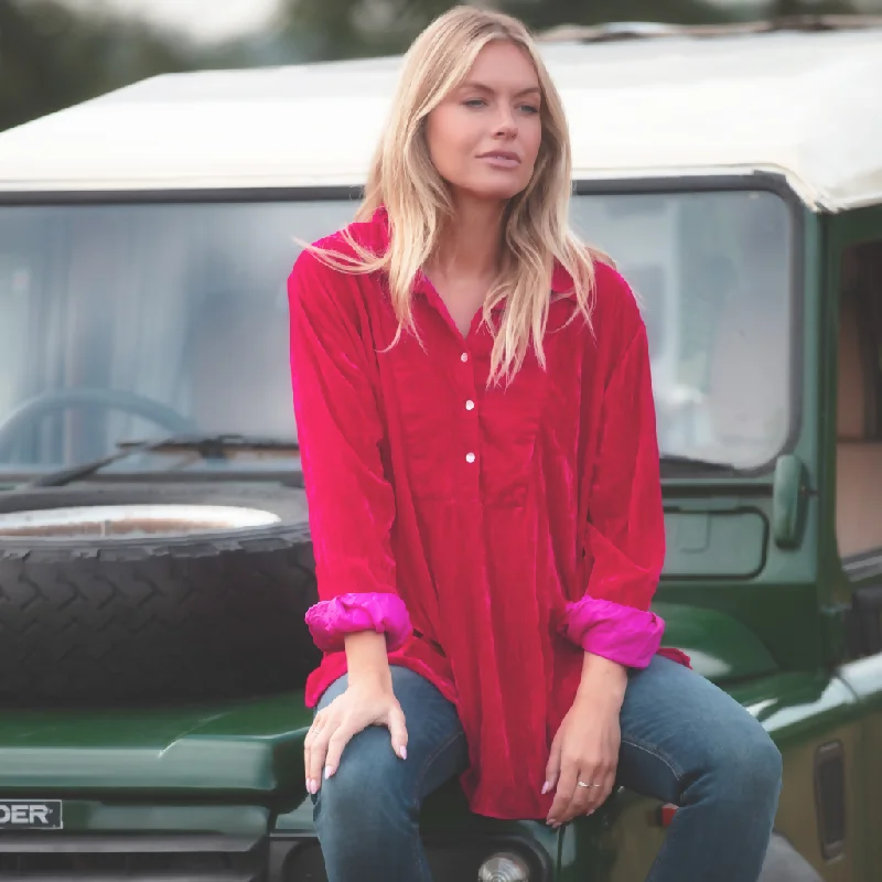 Ava Oversized Silk Velvet Shirt In Hot Pink Elegant Draped Short Shirt