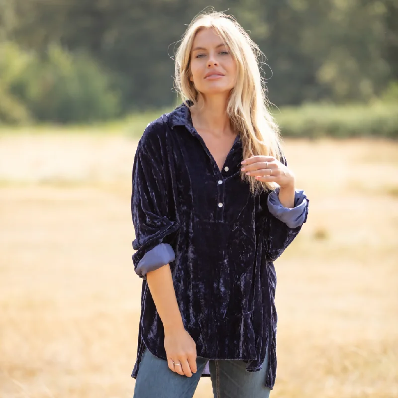 Ava Oversized Silk Velvet Shirt In Navy Classic Cropped Short Sleeve