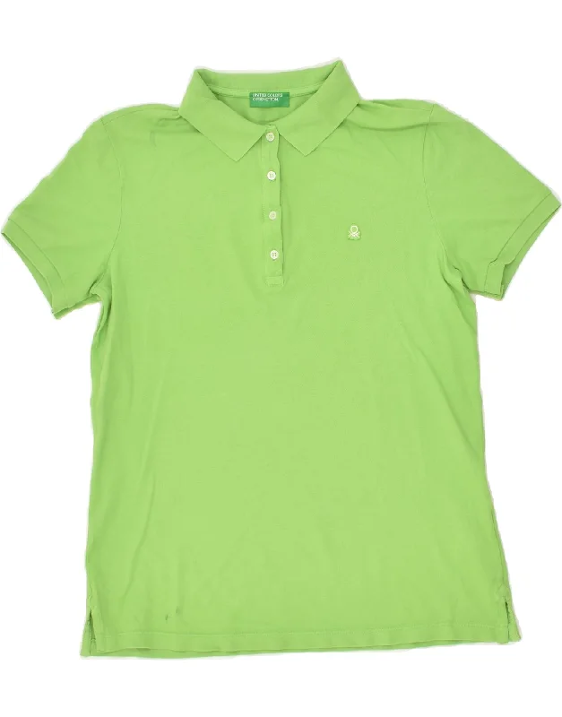 BENETTON Womens Polo Shirt UK 16 Large Green Cotton Elegant Draped Short Sleeve