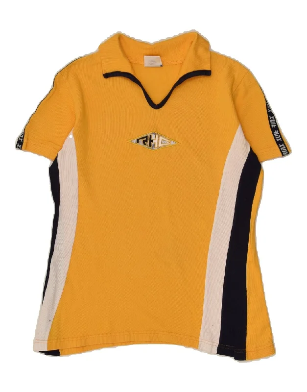 CAMPAGNOLO Womens Polo Shirt IT 44 Medium Yellow Colourblock Cotton Stylish Round Neck Shirt