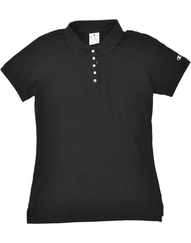 CHAMPION Womens Polo Shirt UK 14 Large Black Cotton Casual Button-Up Short Tee