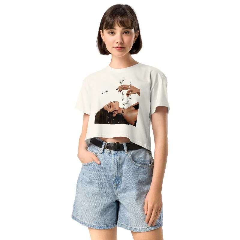 Crew Neck Cropped Tshirt Top NATURE'S LULLABY Fashionable Rounded Short Shirt