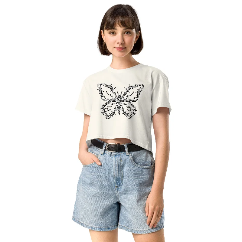 Cropped Tshirt Top Crew Neck BUTTERFLY Elegant Lace Short Sleeve