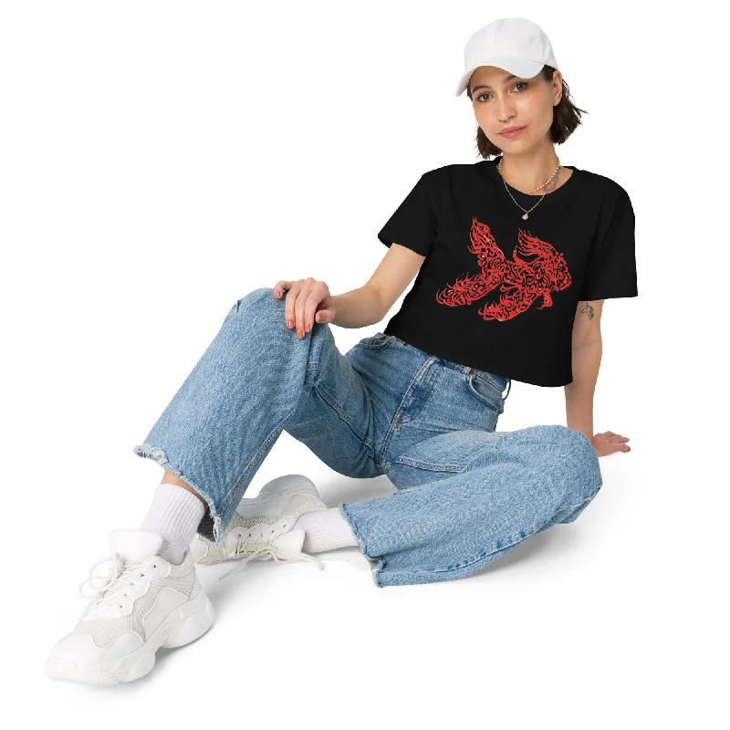 Cropped Tshirt Top Crew Neck FISH Elegant Silk Short Shirt