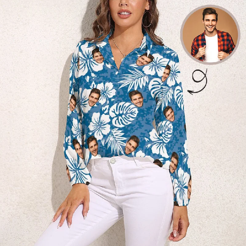 Custom Face Blue Background White Leaves Vntage Casual Long Sleeve Hawaiian Shirts Soft Cotton Short Tee