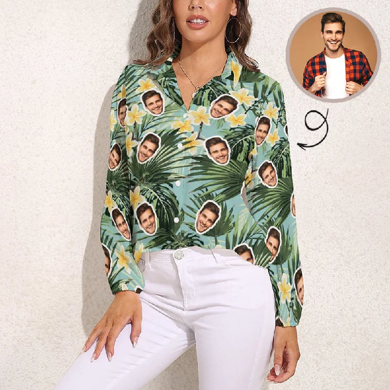 Custom Face Green Leaves Vntage Casual Long Sleeve Hawaiian Shirts Soft Flowing Short Shirt