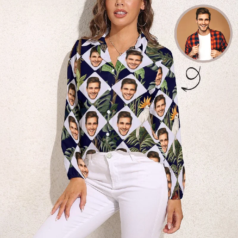 Custom Face Grid Tropical Style Vntage Casual Long Sleeve Hawaiian Shirts Trendy Floral Print Tee