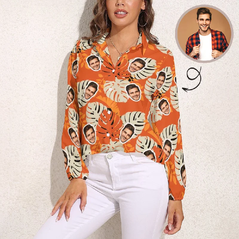 Custom Face Orange Background Leaves Vntage Casual Long Sleeve Hawaiian Shirts Fashionable Draped Short Sleeve