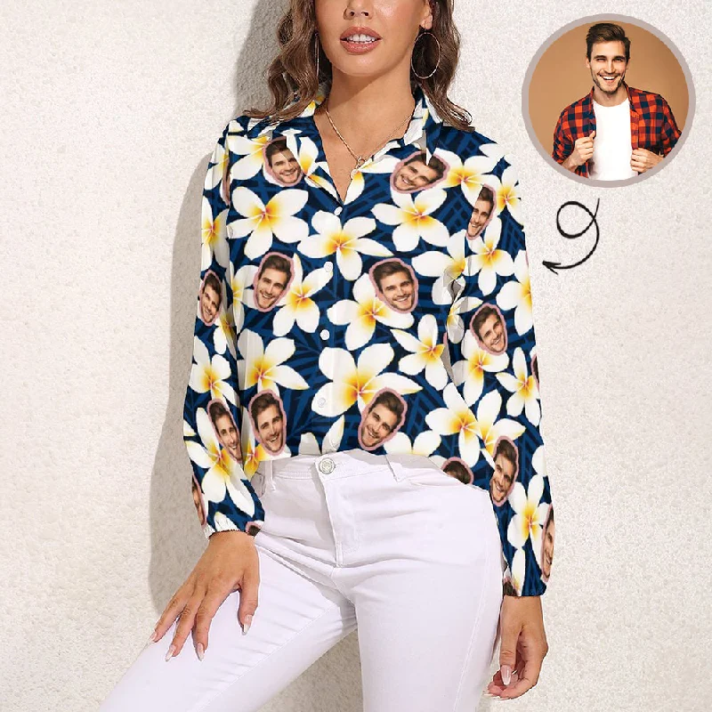 Custom Face Small White Flower Vntage Casual Long Sleeve Hawaiian Shirts Casual Button-Up Short Tee