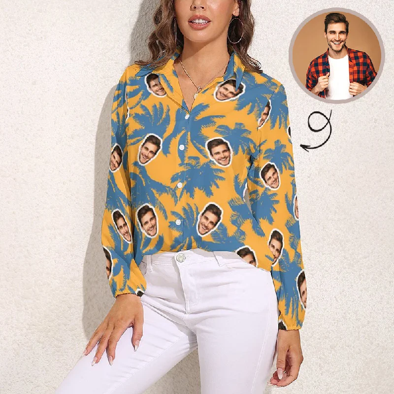 Custom Face Yellow Background Palm Tree Vntage Casual Long Sleeve Hawaiian Shirts Casual Ruffle Short Shirt