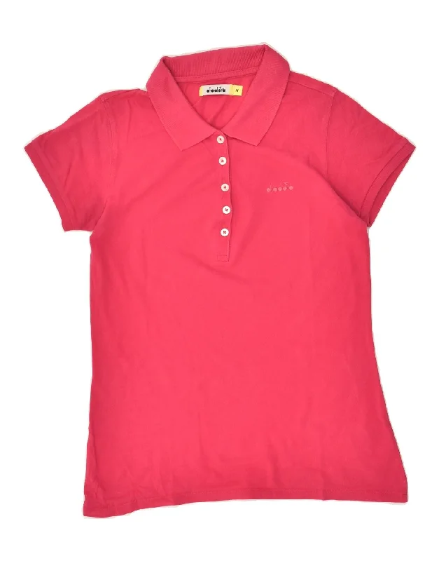 DIADORA Womens Polo Shirt UK 12 Medium Pink Cotton Classic Cropped Short Sleeve