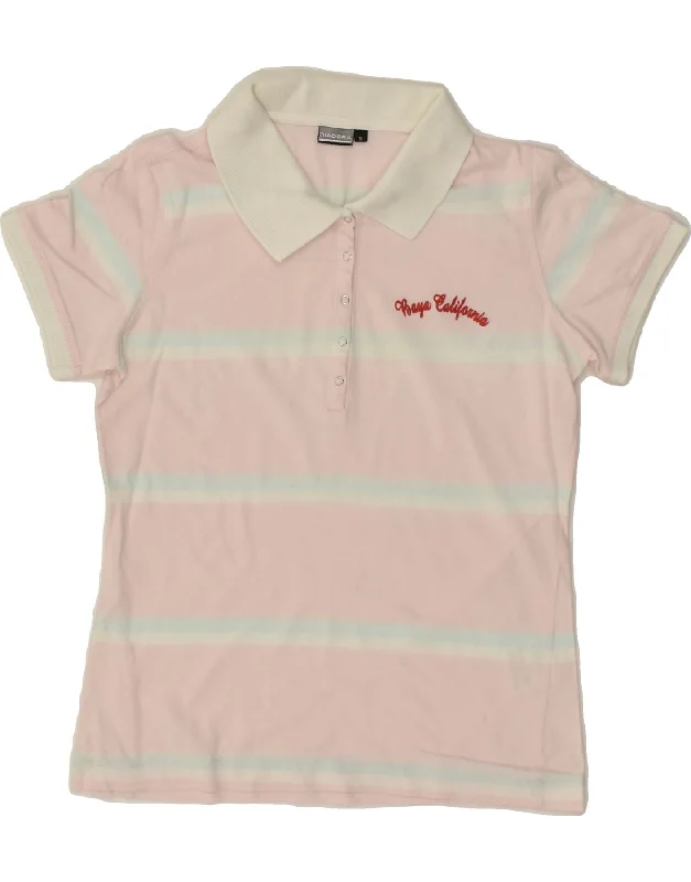 DIADORA Womens Polo Shirt UK 12 Medium Pink Striped Cotton Fashionable Short Sleeve Vest