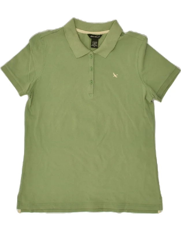 EDDIE BAUER Womens Polo Shirt UK 12 Medium Green Cotton Fashionable Sheer Short Shirt