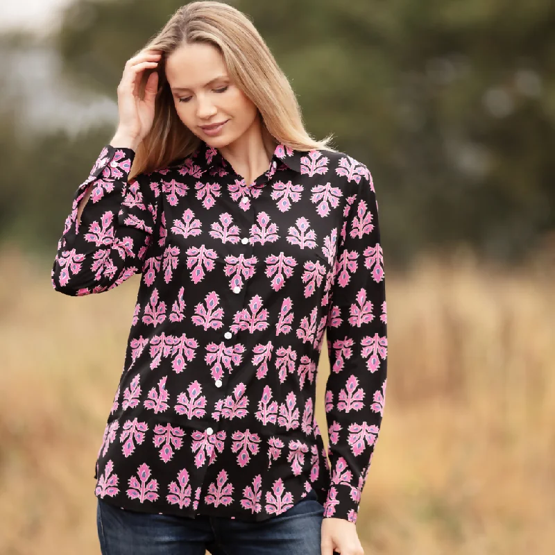 Ella Shirt In Black & Pink Thistle Relaxed Fit Short Blouse