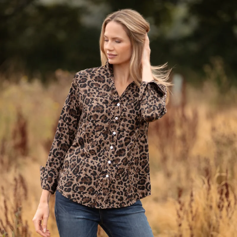 Ella Shirt In Brown & Black Leopard Comfortable Flowing Short Sleeve