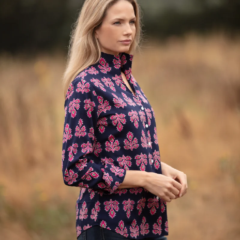 Ella Shirt In Navy & Pink Thistle Stylish Short Sleeve Polo