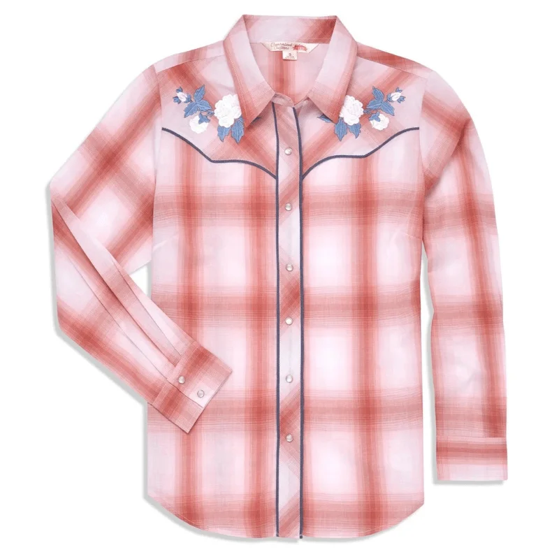 Ely Cattleman Women's Rose Embroidery Plaid Long Sleeve Western Snap Shirt 324981-RZ Elegant Silk Short Shirt