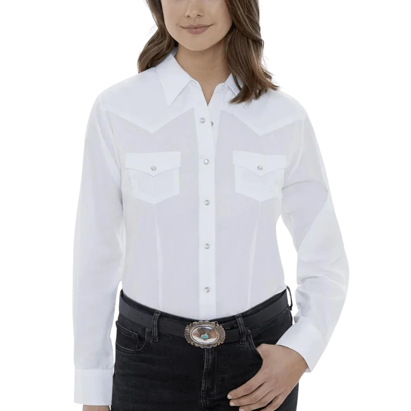 Ely Cattleman Women's White Long Sleeve Western Snap Shirt 15321905-01 WHT Chic V-Neck Short Blouse