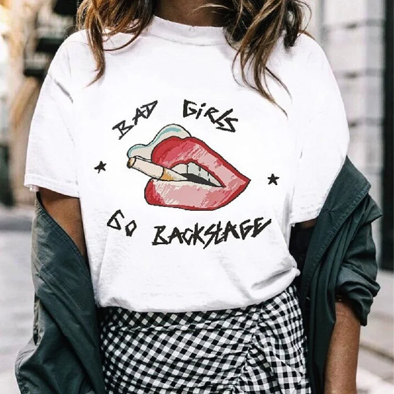 Fashion Home Printed Short Sleeve Gift Party Large Size Round Neck Women T Shirt Smoking Lips Shaped Casual Summer Eye Catching Comfortable Short Sleeve Tunic