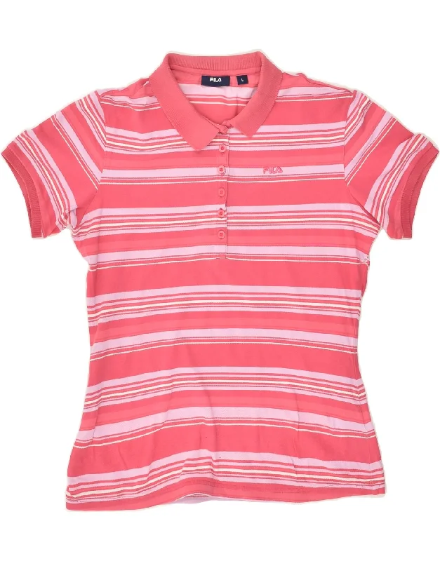 FILA Womens Polo Shirt UK 16 Large Pink Striped Cotton Casual Oversized Short Shirt