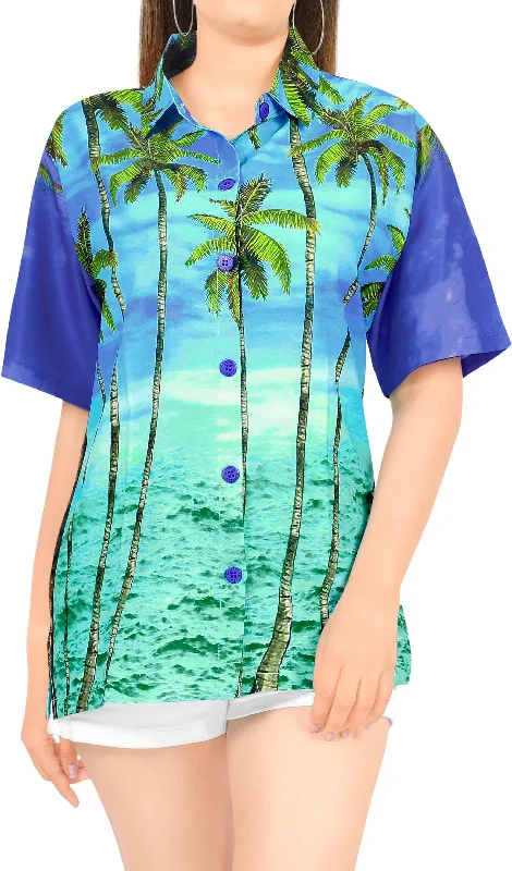 La Leela Women's Bamboo Grove Hawaiian Aloha Tropical Beach  Short Sleeve Relaxed Fit Blouse Printed Shirt Blue Soft Cotton Short Tee