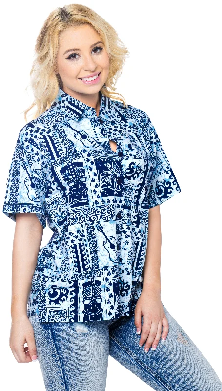 LA LEELA Women's Beach Casual Hawaiian Blouse Short Sleeve button Down Shirt Aloha Navy Blue Elegant High-Low Short Shirt