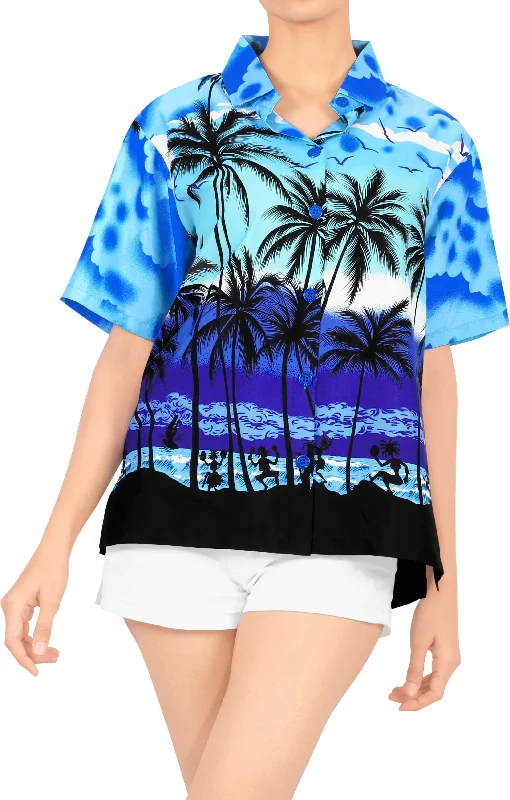 LA LEELA Women's Beach Casual Hawaiian Blouse Short Sleeve button Down Shirt Cover up Blue Classic Cropped Short Sleeve