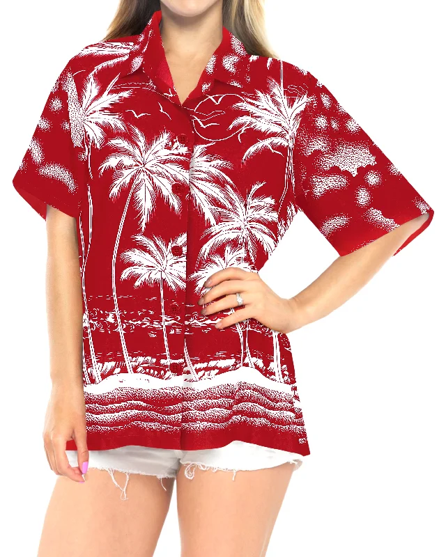 LA LEELA Women's Beach Casual Hawaiian Blouse Short Sleeves button Down Shirt palm tree printed red Trendy Short Sleeve Blouse